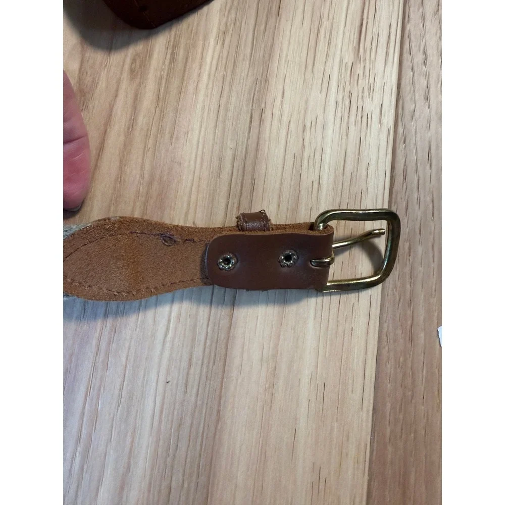 Webbed Canvas Belt Mens 40 Tan with brown Leather Trim Brass Buckle made in USA
